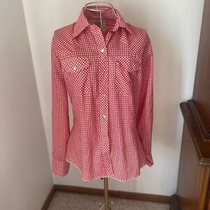 Vintage Wranger picnic check red and white button down top